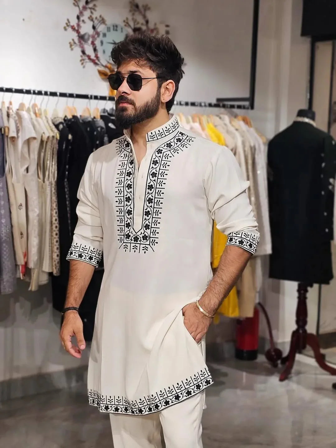 WHITE KURTA WITH BLACK THERD EMBROIDERED WORK KURTA PAJAMA