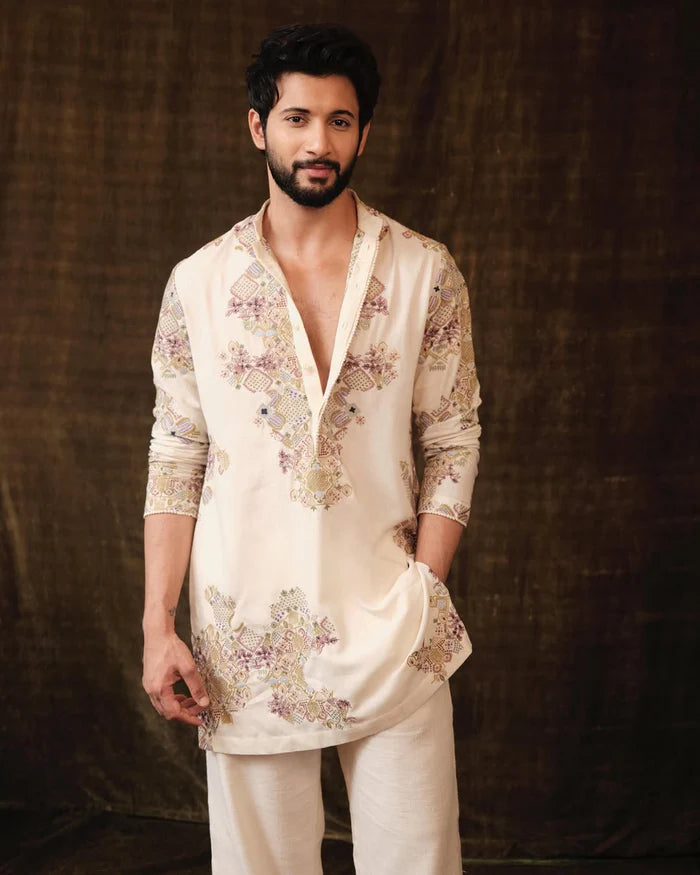 IVORY MULTI EMBROIDERED KURTA PAJAMA SET FOR MENS
