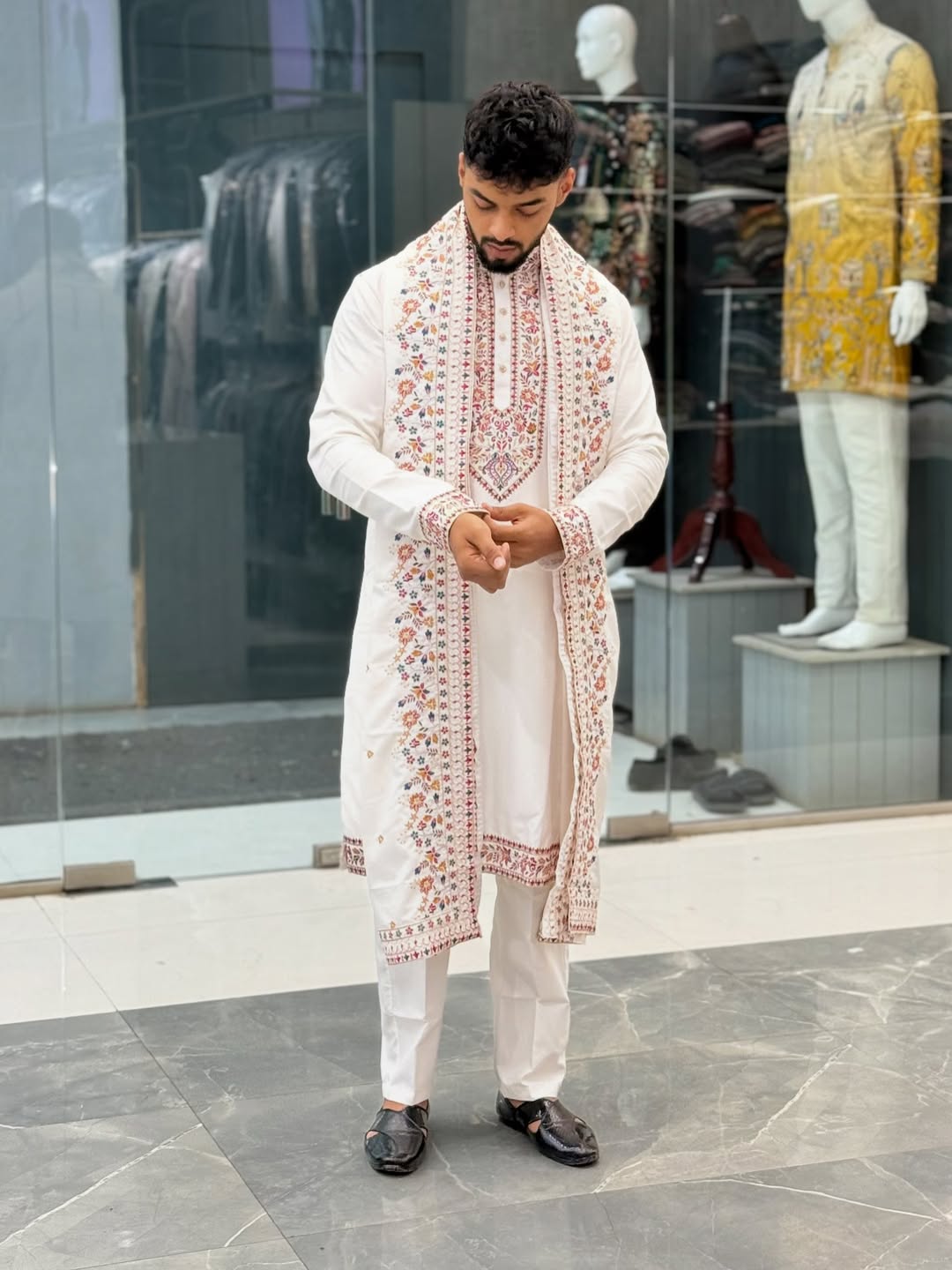 OFF WHITE MULTI COLOR EMBROIDERED WORK KURTA AND PAJAMA