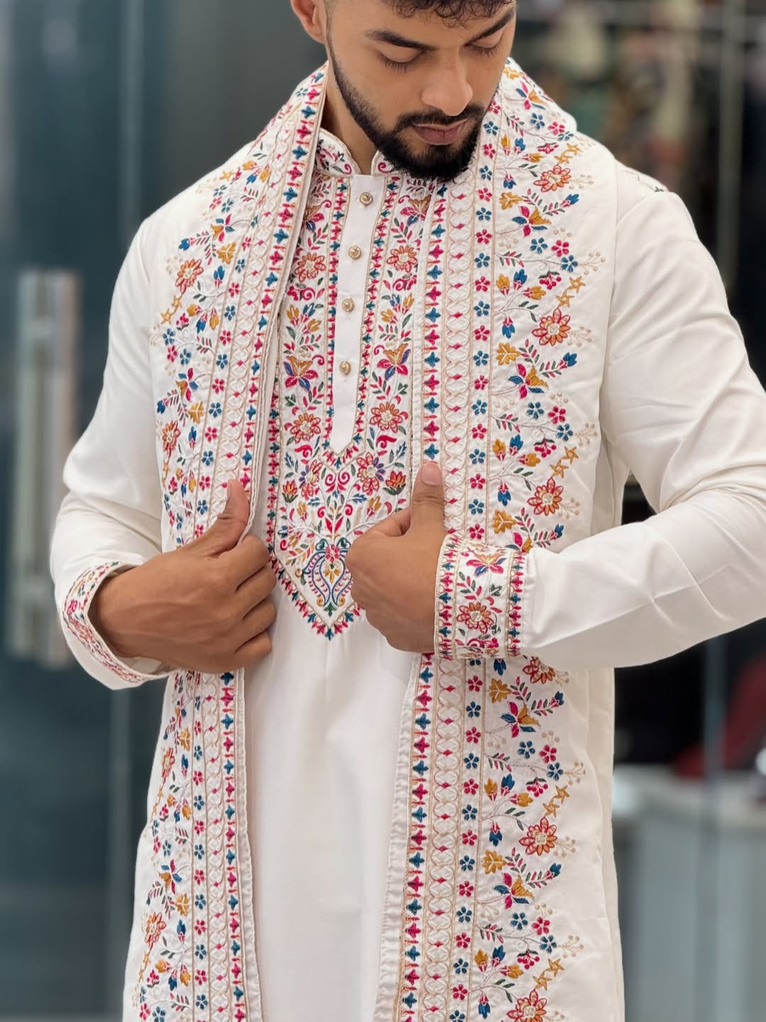 OFF WHITE MULTI COLOR EMBROIDERED WORK KURTA AND PAJAMA