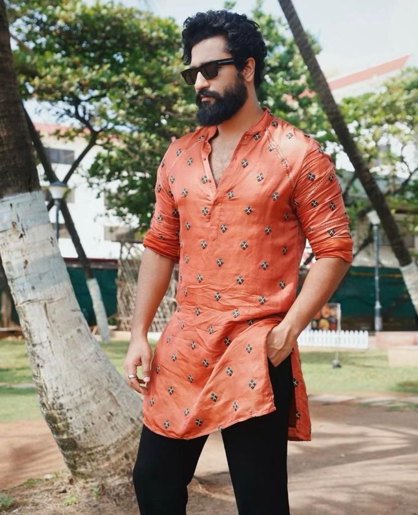 WK Orange Embroidered Work Men's Kurta with Black Pajama