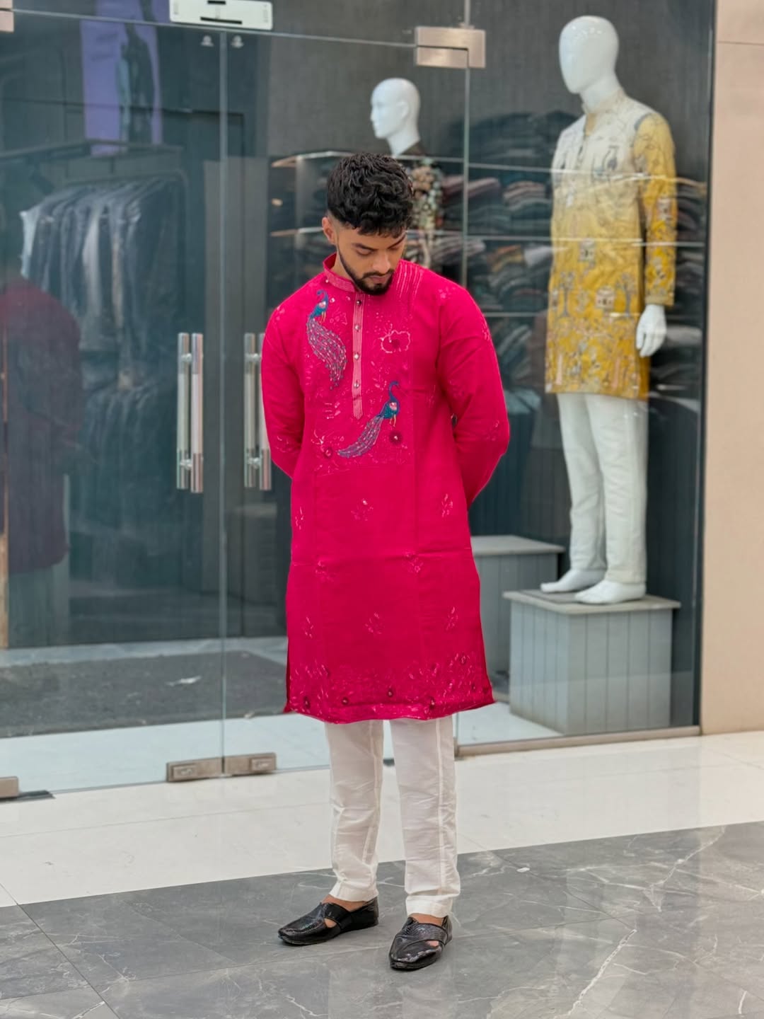 HOT PINK PEACOCK NECK EMBROIDERY KURTA PAJAMA SET