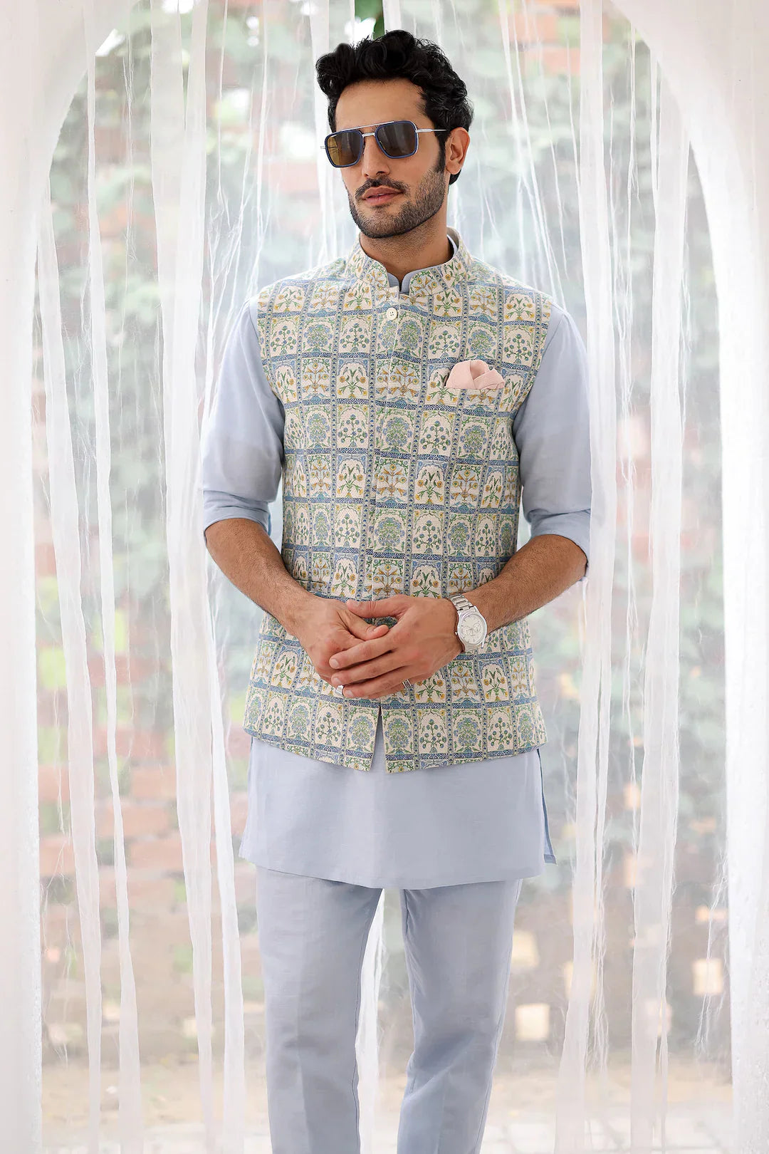 Riwaaz Kurta's Sky Blue Floral Printed Jacket And Kurta Set For Men's