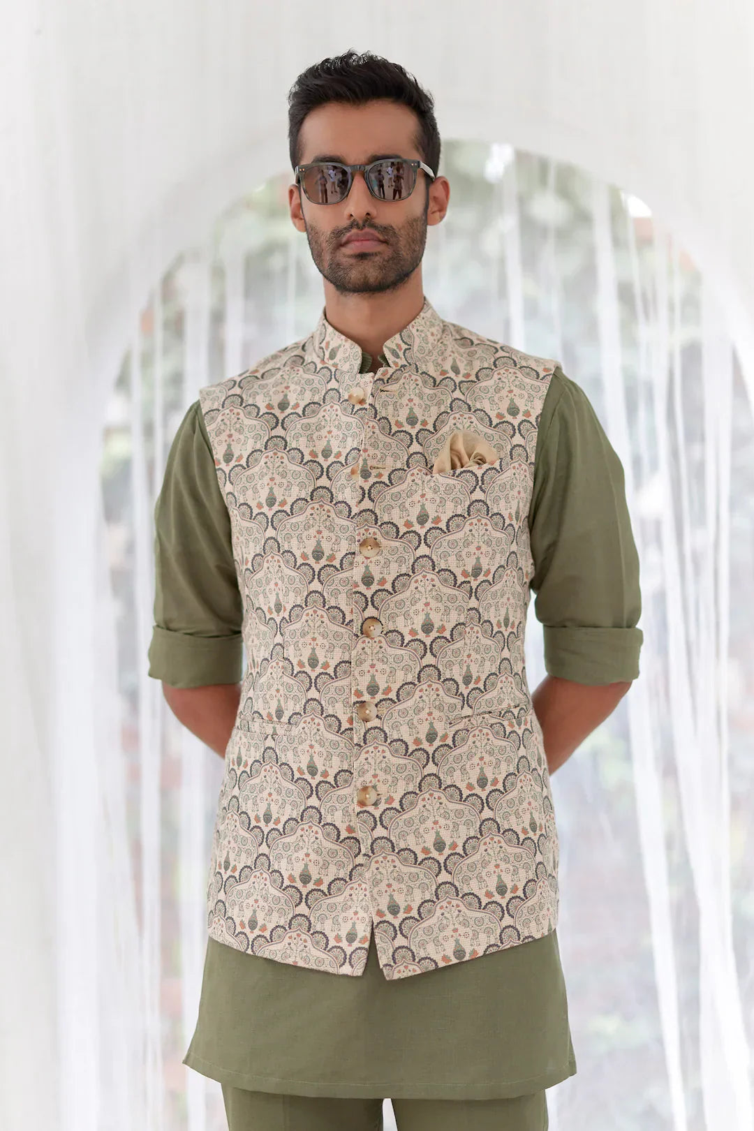 Riwaaz Kurta's Sage Green Palsley Printed Jacket And Kurta Set For Men's