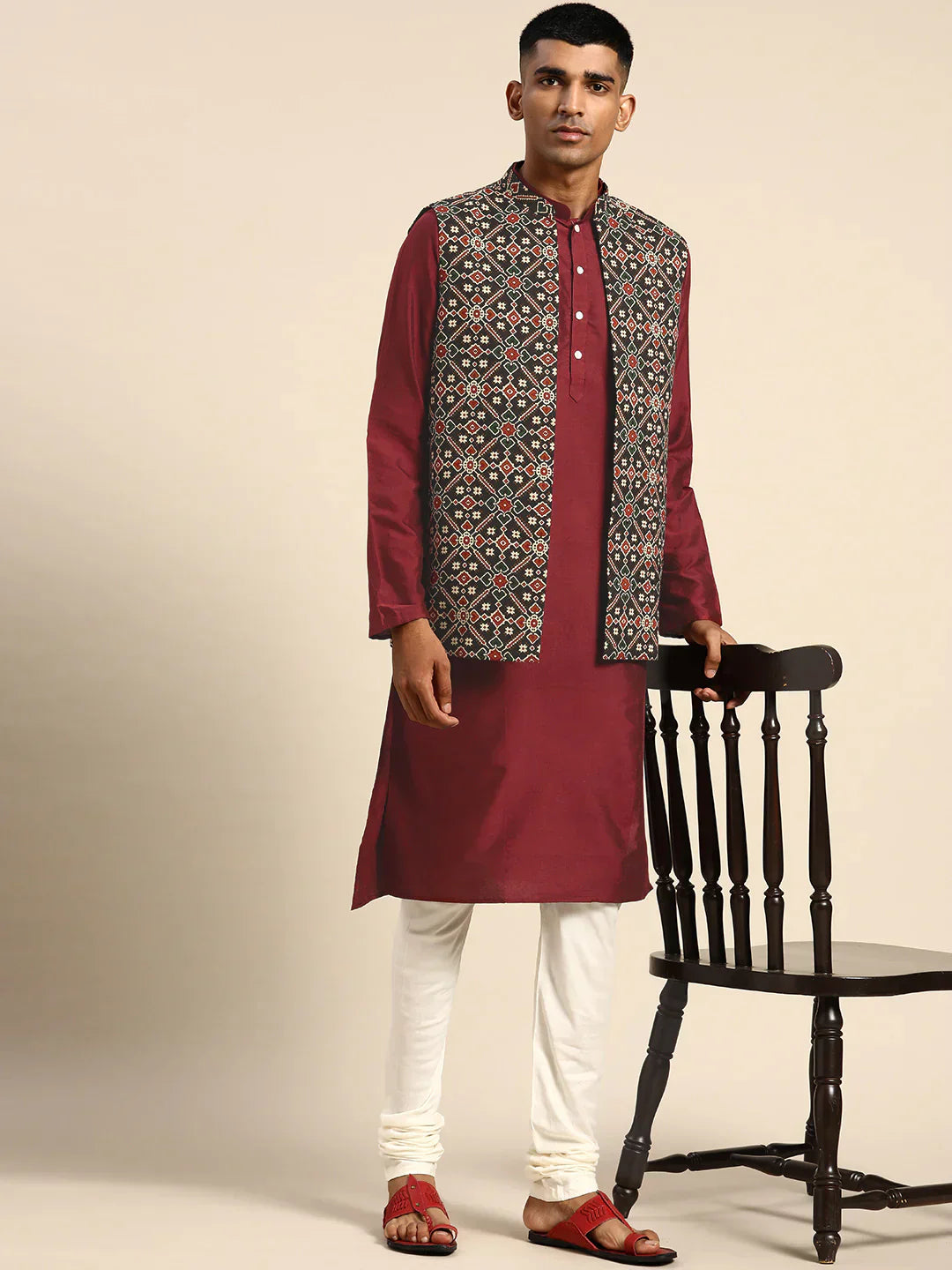 Riwaaz Kurta's Red And Black Printed Jacket And Kurta Set For Men's