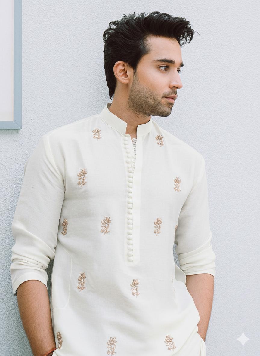 WHITE BUTI EMBROIDERED WORK KURTA PAJAMA SET FOR MEN"S