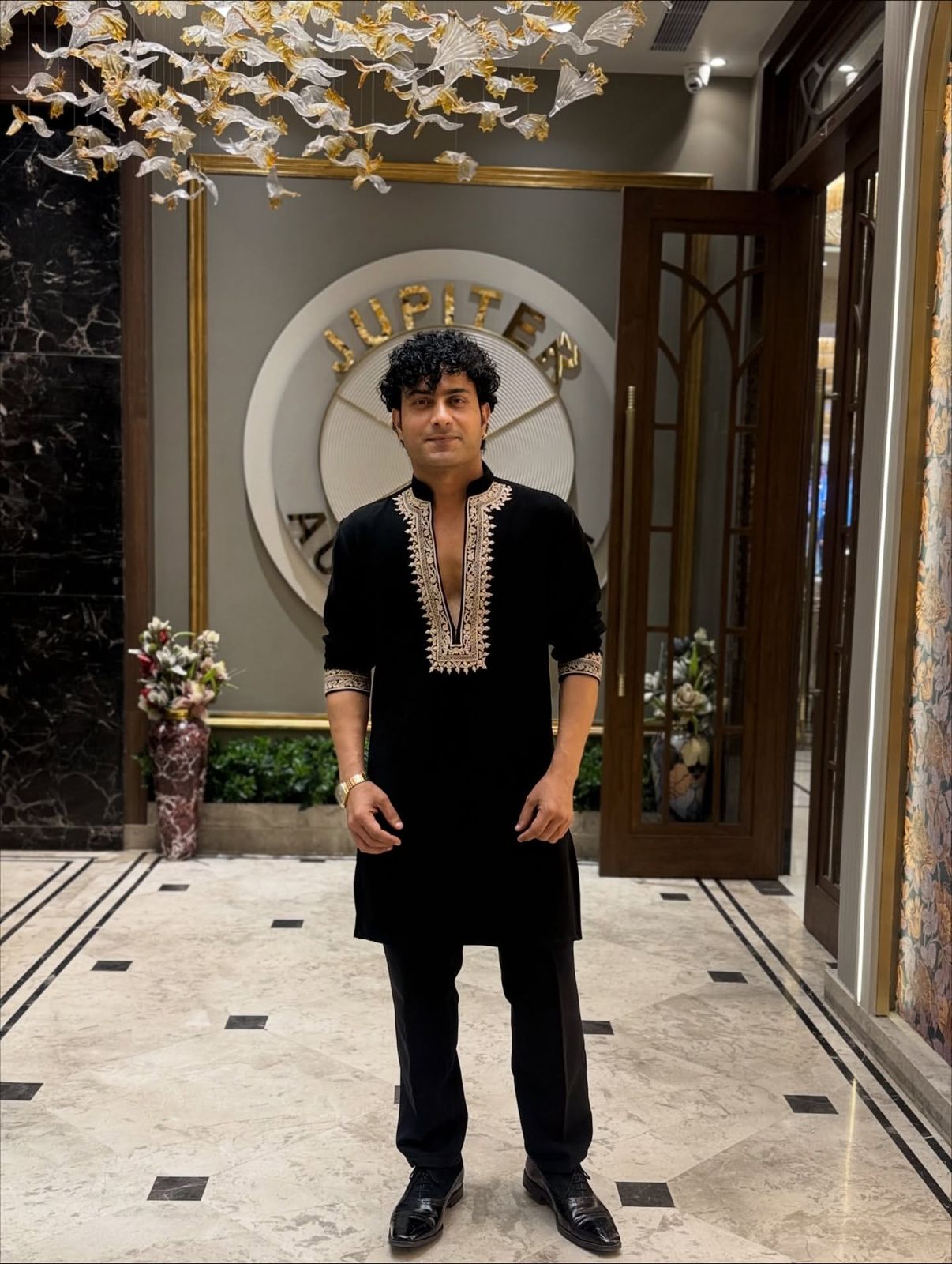 BLACK EMBROIDERED V NECK DESIGNER KURTA PAJAMA SET