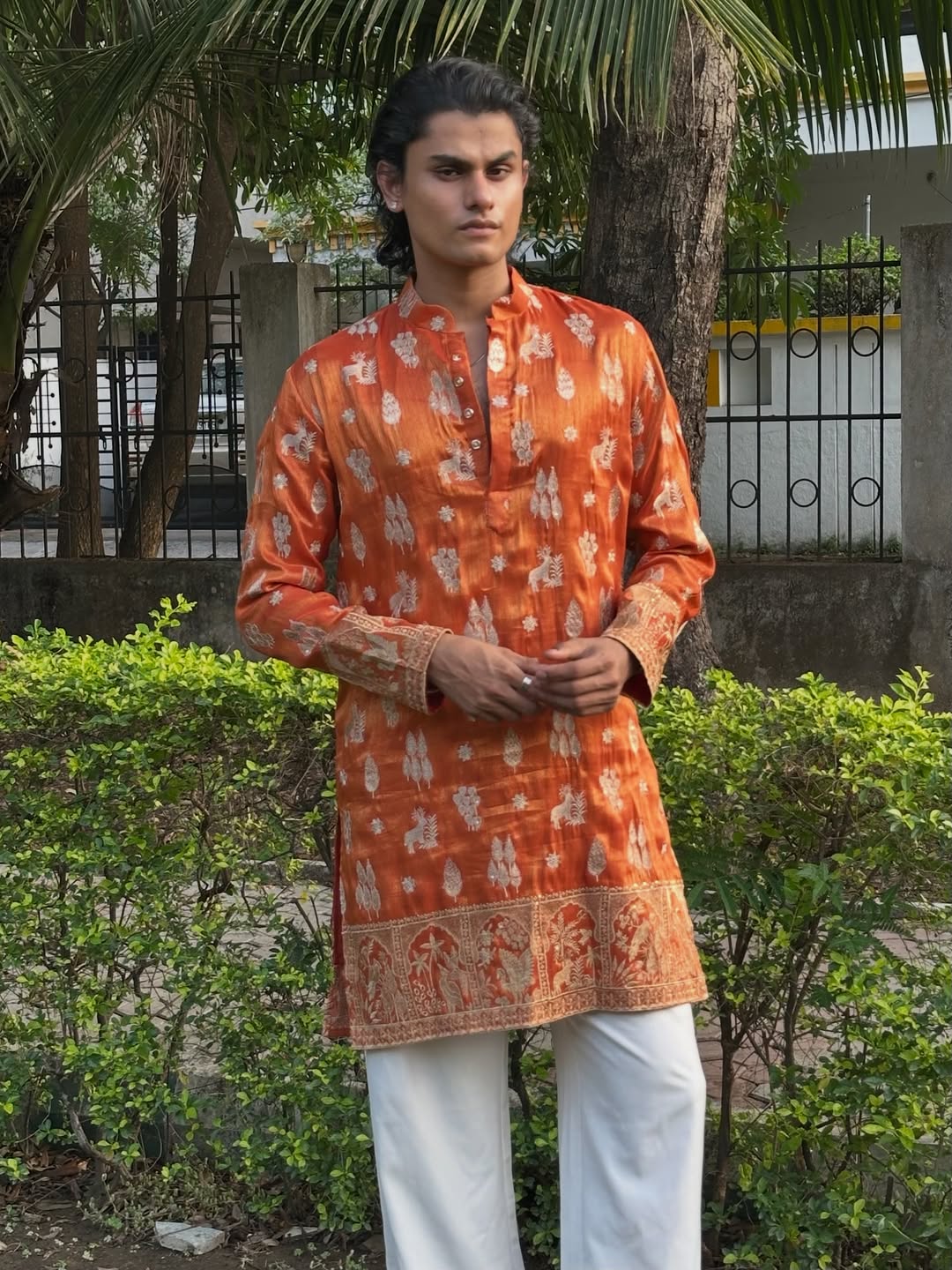 The Rust Silk Deer Motif Kurta