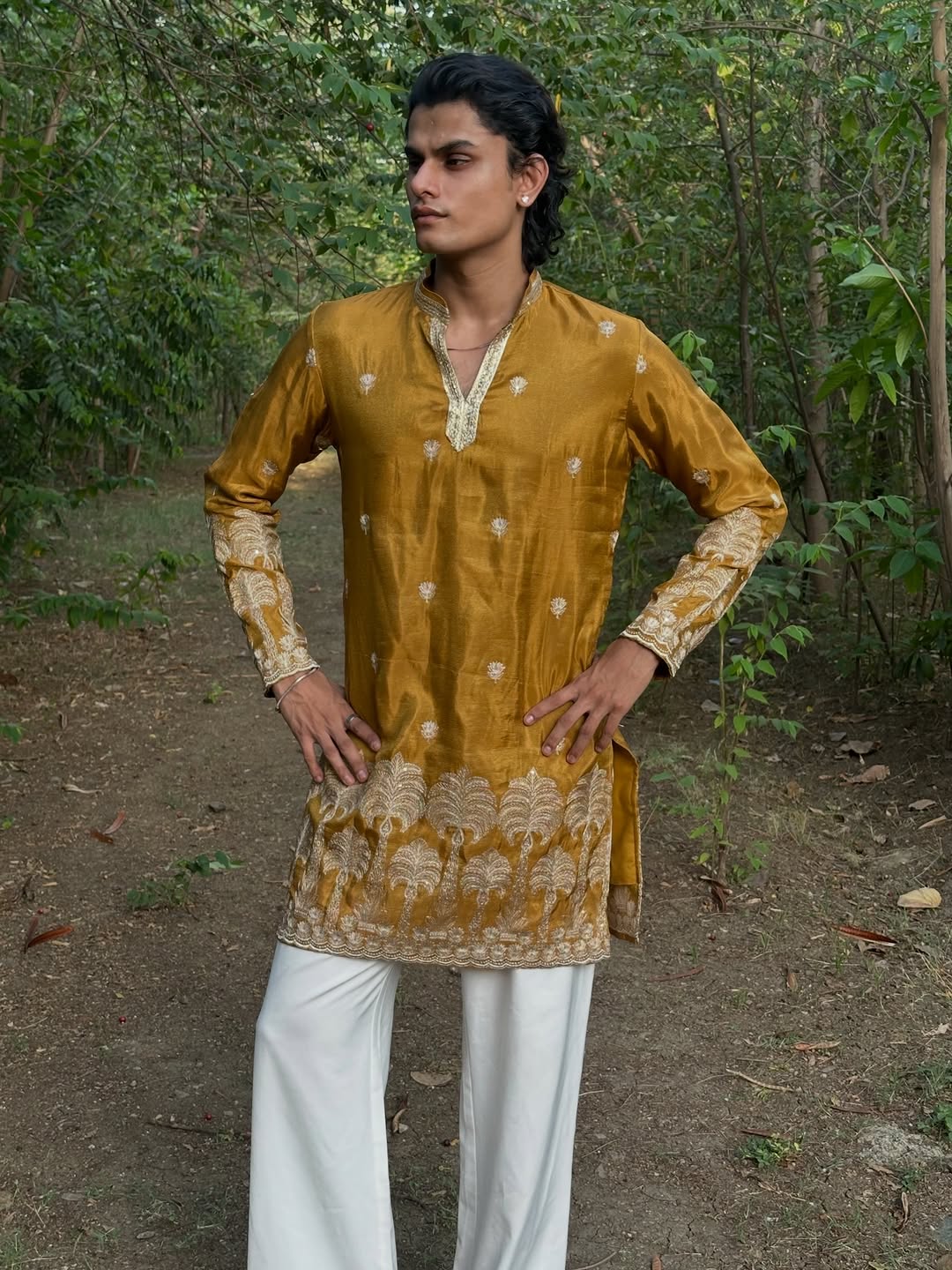 Mustard Gold Silk Kurta with Heavy Motif Embroidery