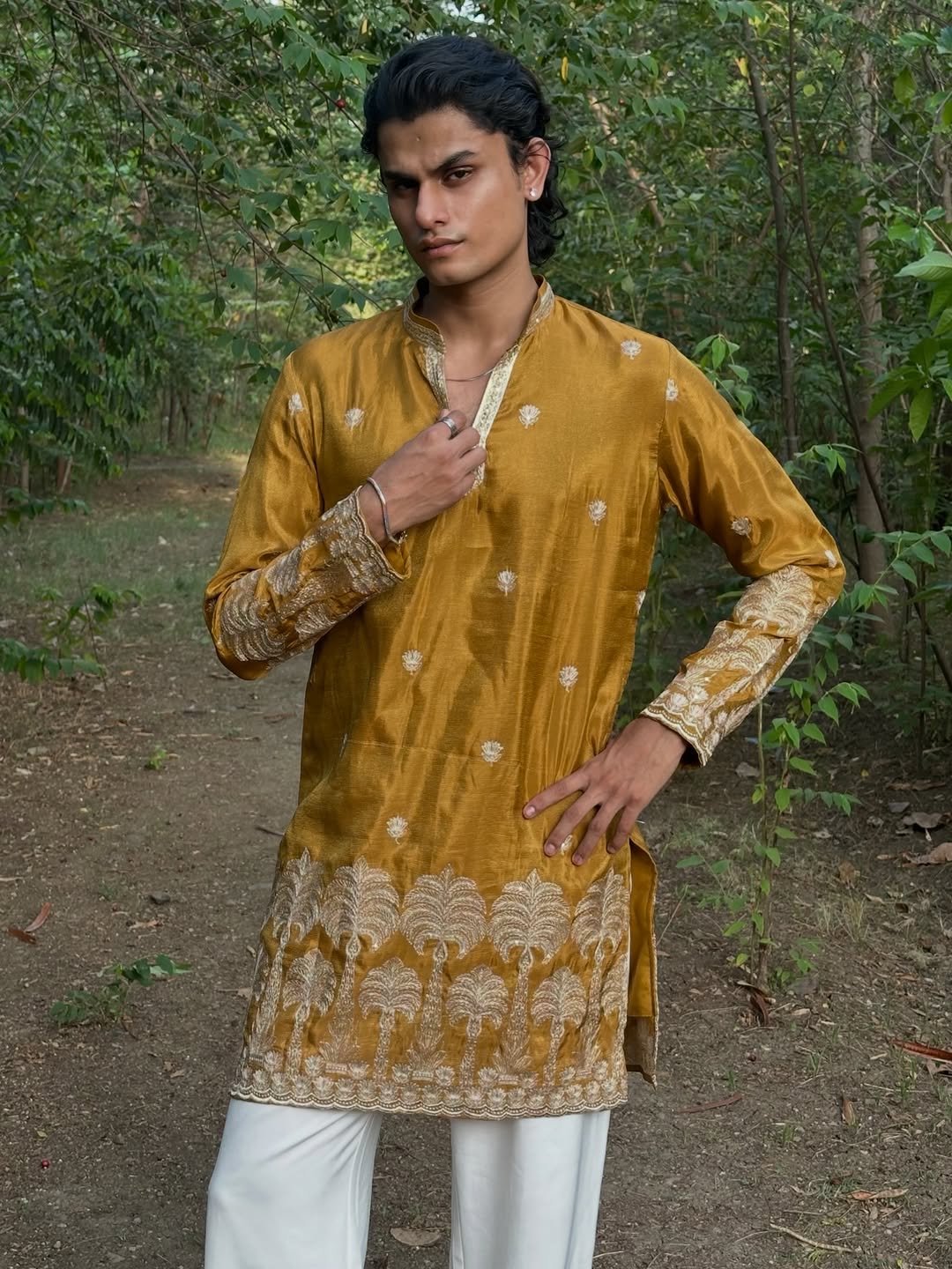 Mustard Gold Silk Kurta with Heavy Motif Embroidery