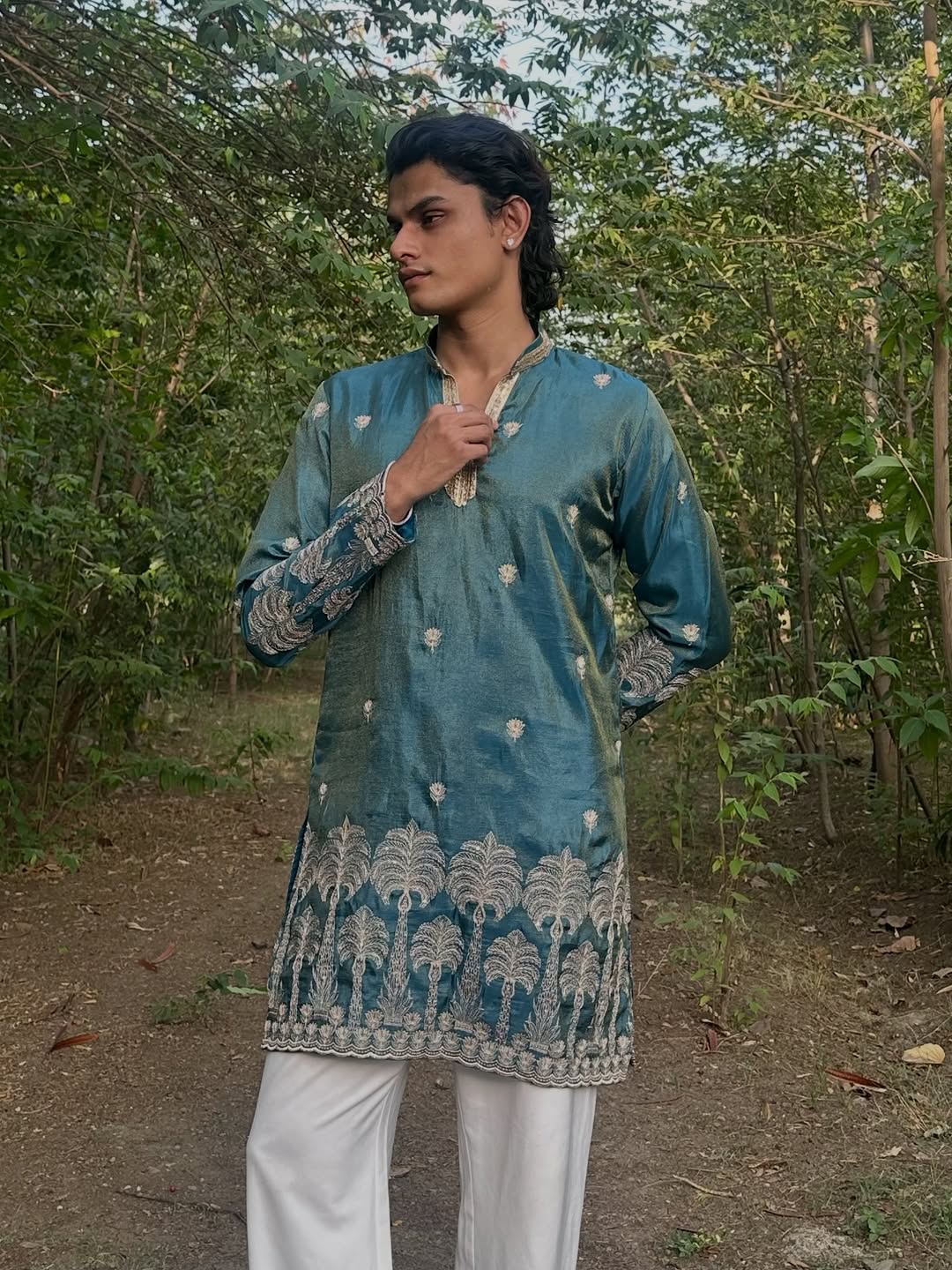 The Royal Teal Silk Kurta with Zari Embroidery