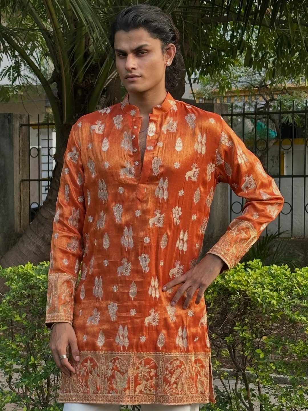 The Rust Silk Deer Motif Kurta