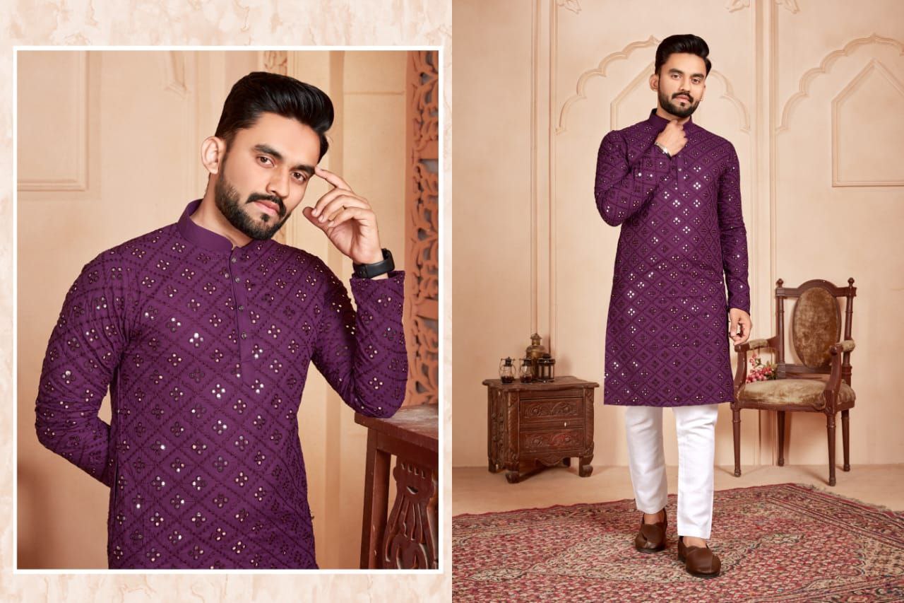 Wine Mirror Work Men's Kurta with Pajama