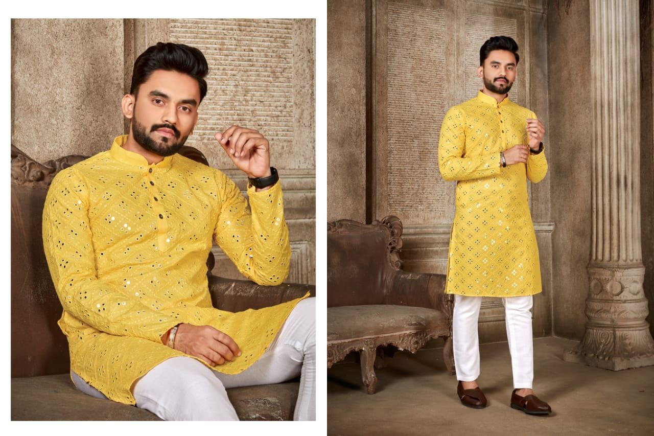 Yellow Haldi Special Mirror Work Men's Kurta with Pajama
