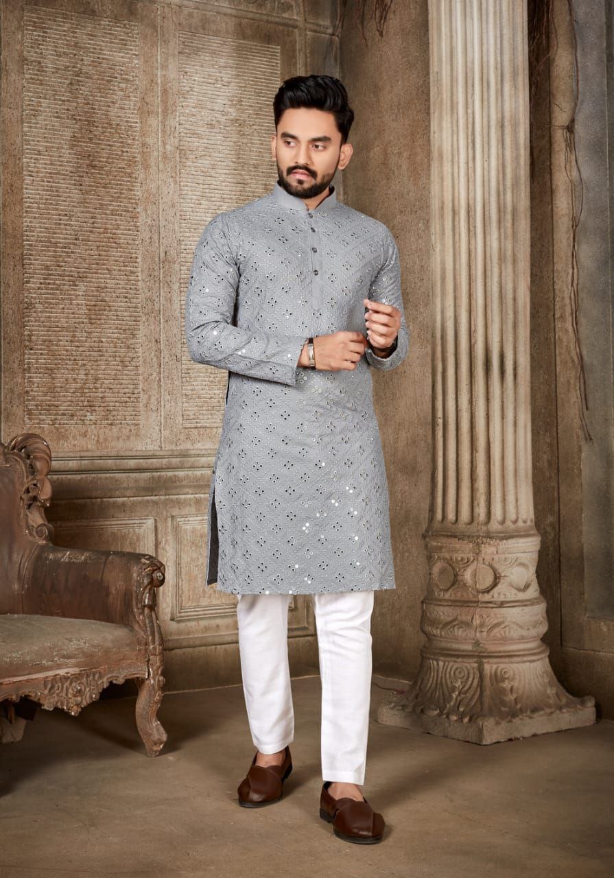 Gray Mirror Embroidered Work Men's Kurta with Pajama