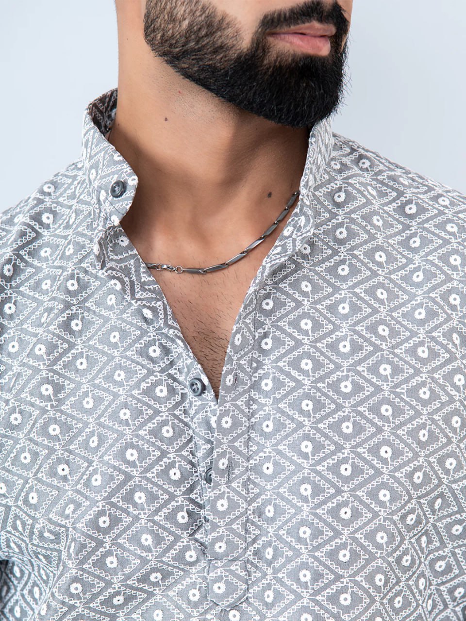 The Gray Schiffli Embroidered Work Men's Kurta with Pajama