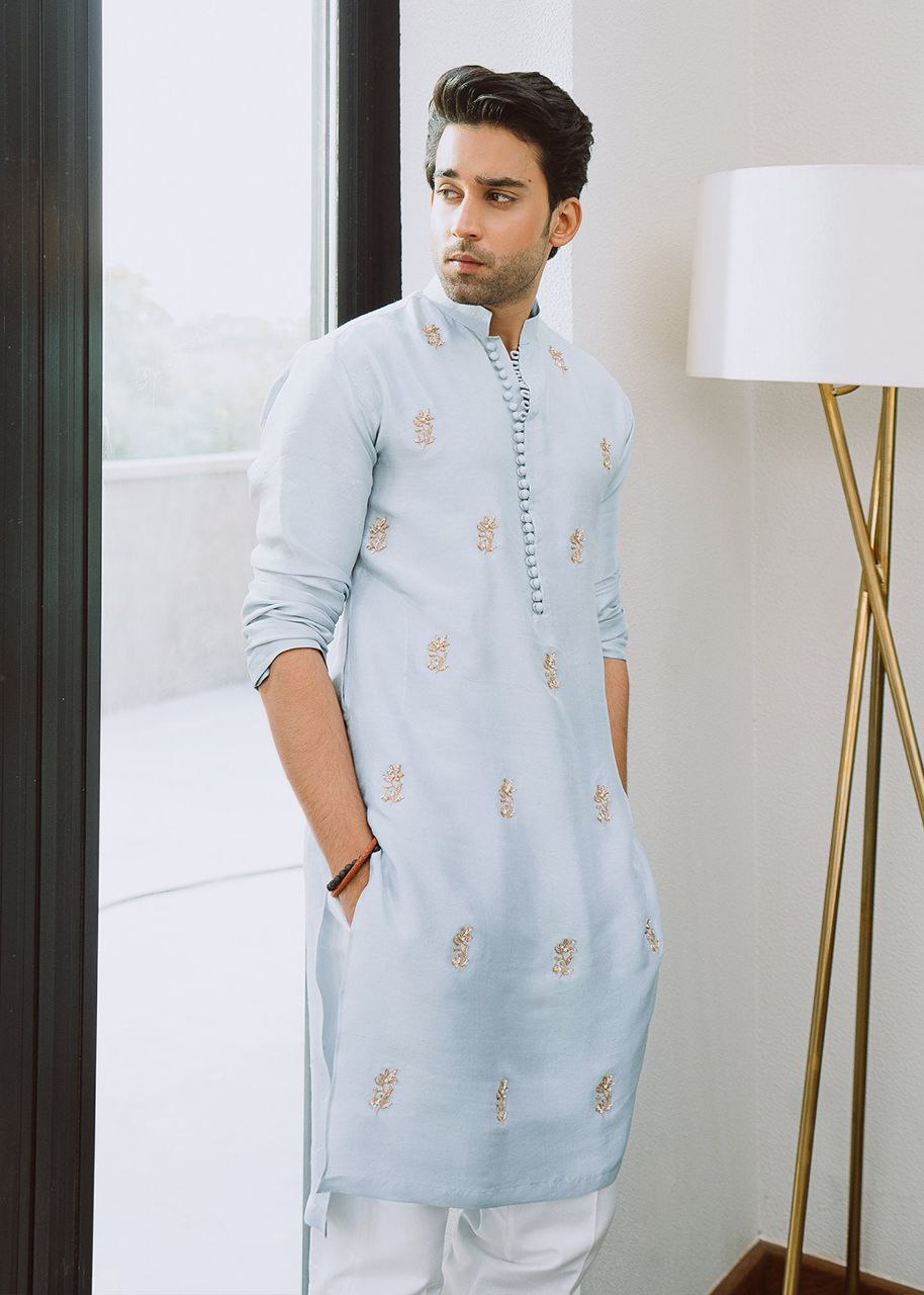 ICE Blue Buti Hand Embroidered Work Men's Kurta with Pajama
