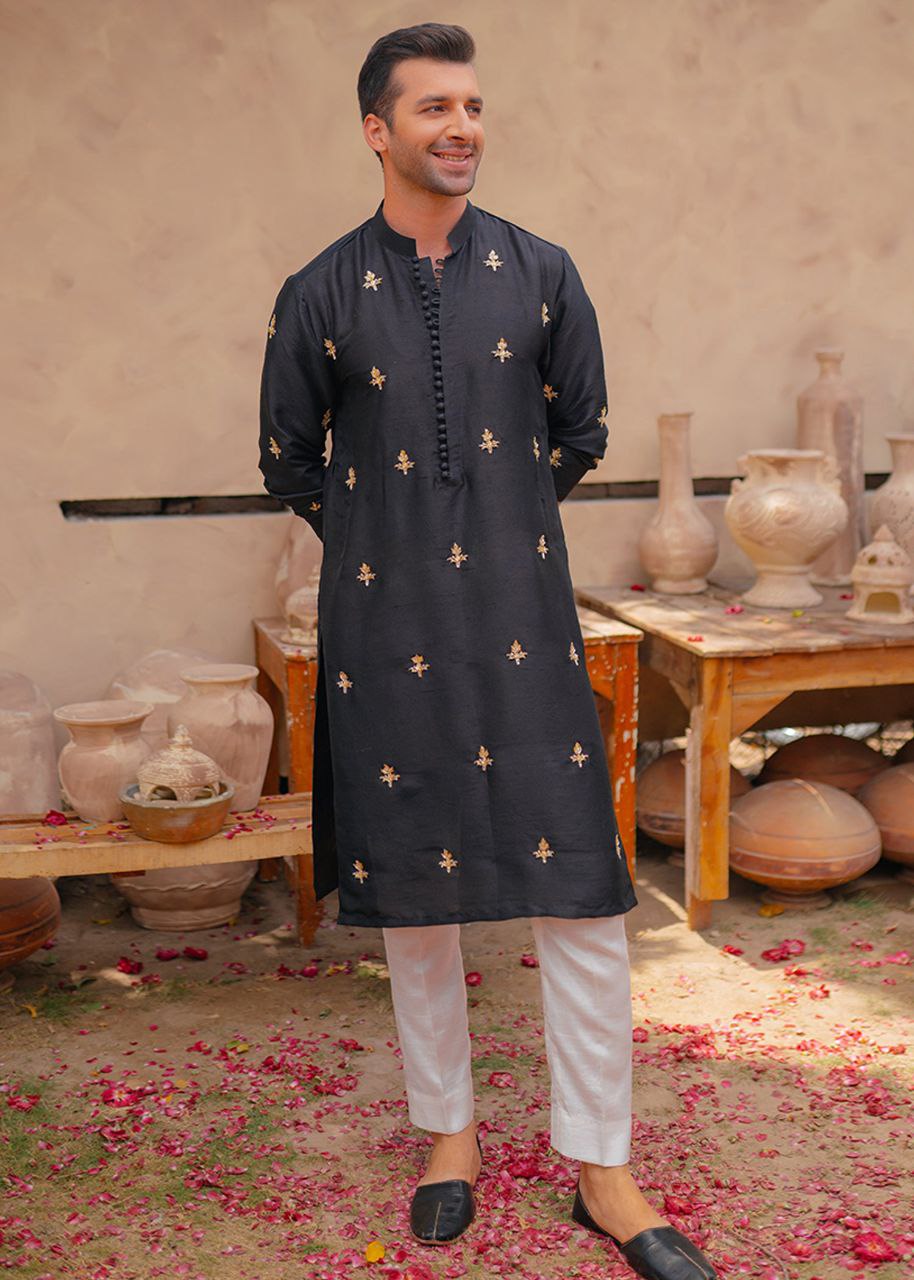 Traditional Black Embroidered Work Men's Kurta with Pajama
