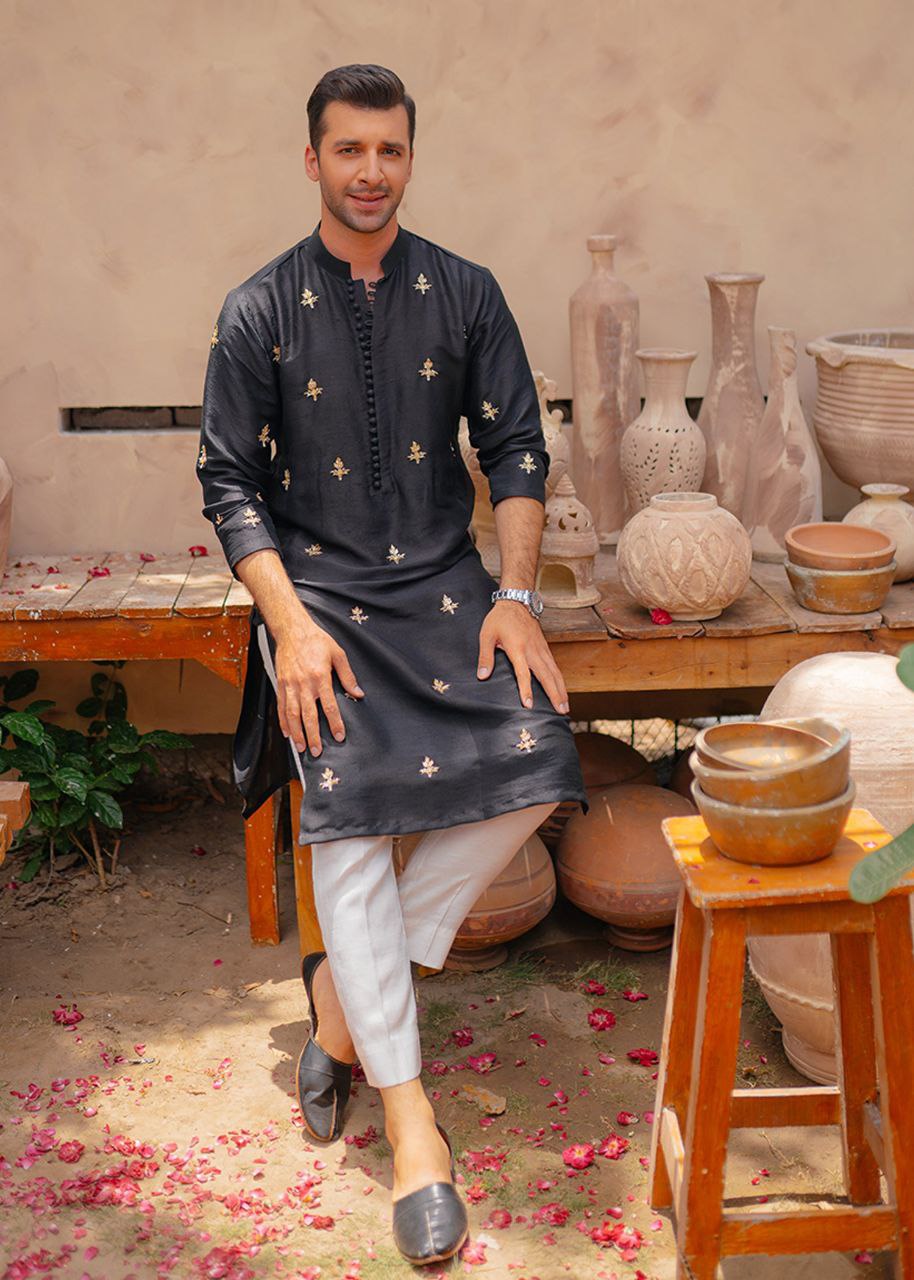 Traditional Black Embroidered Work Men's Kurta with Pajama