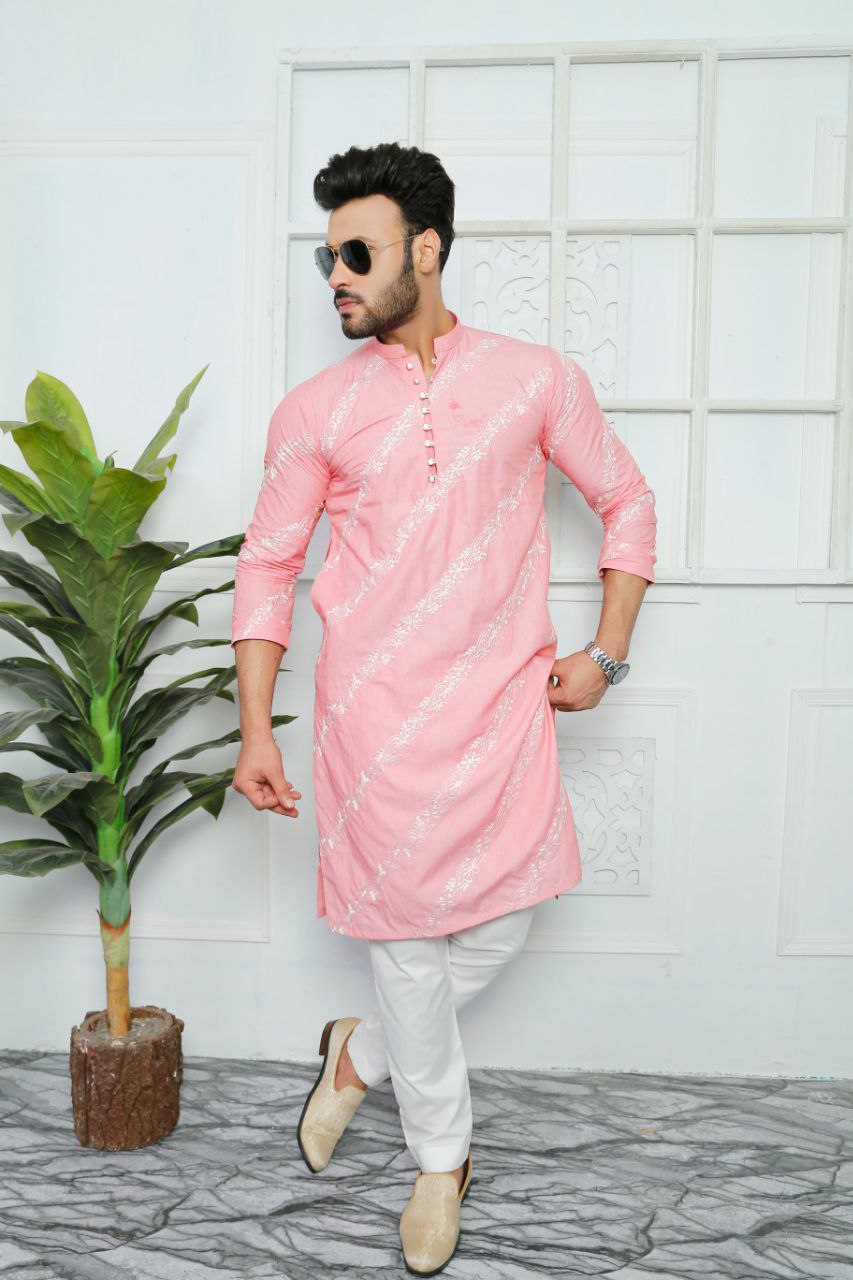 Light Pink Embroidered Work Men's Kurta with Pajama