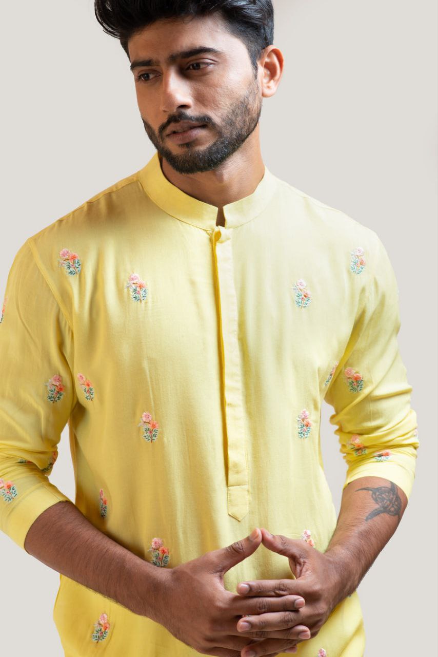 Yellow Floral Embroidered Work Men's Kurta with Pajama