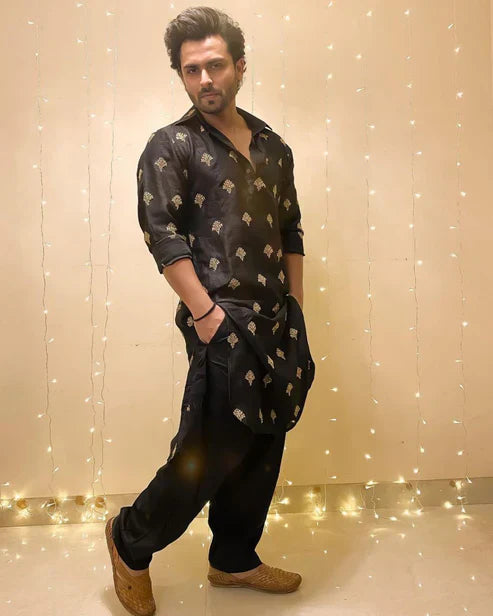 Black Sequence Embroidered Work Men's Kurta with Pajama