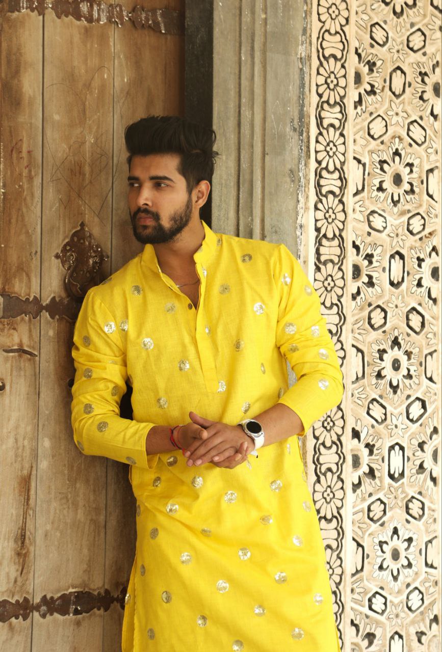 Yellow Sequence Embroidered Work Men's Kurta with Pajama