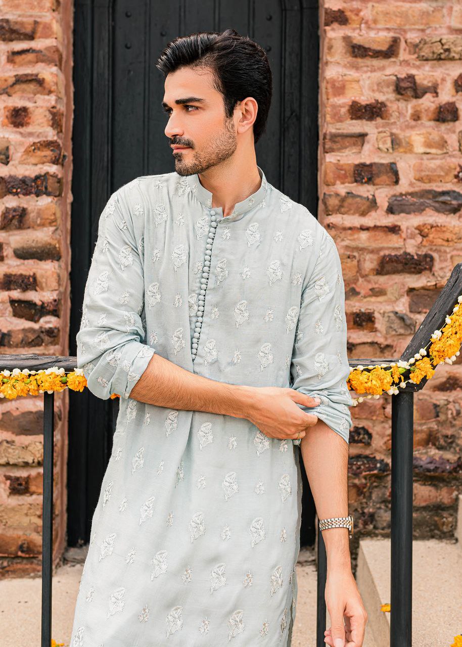 Powder Blue Embroidered Work Men's Kurta with Pajama