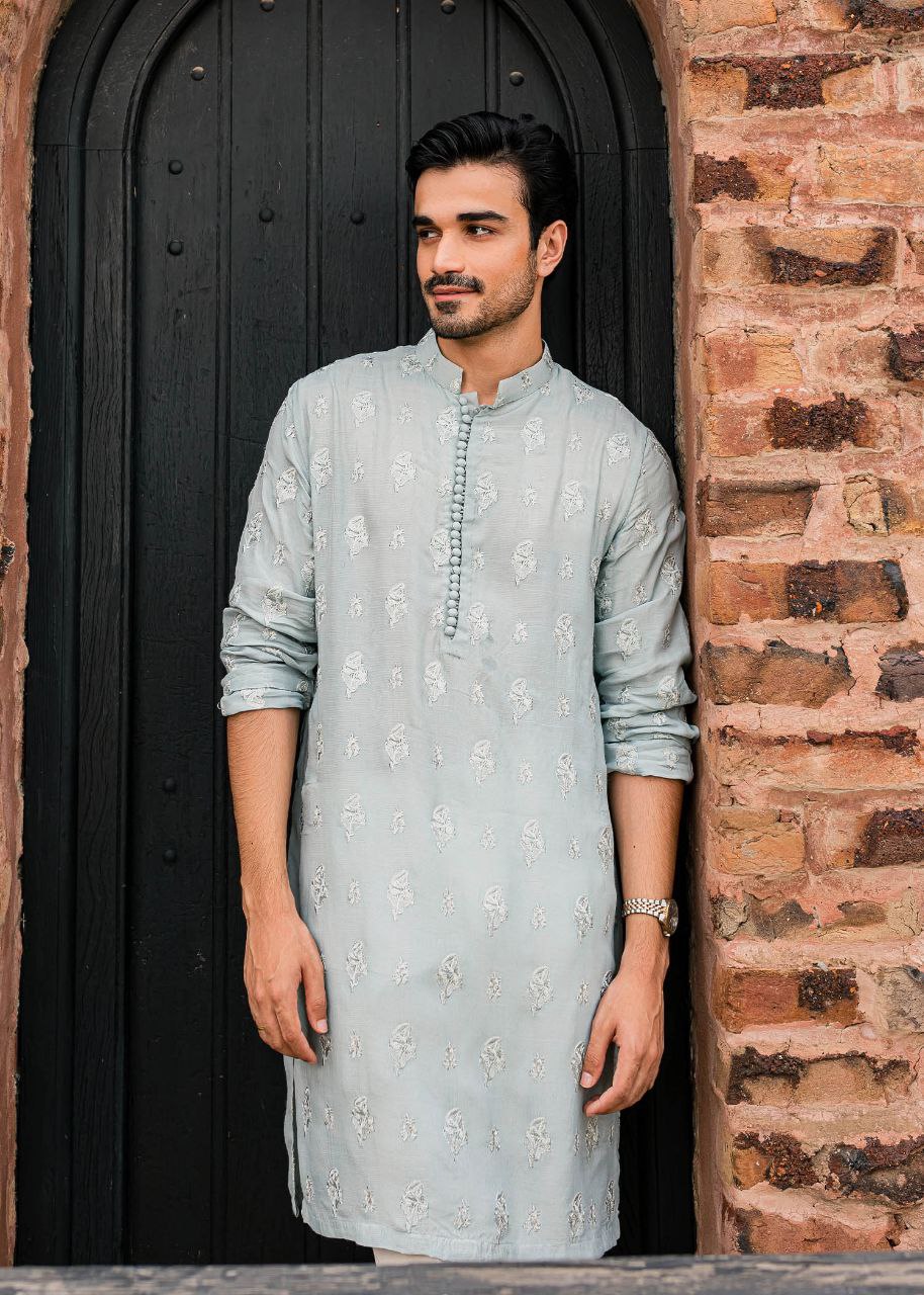 Powder Blue Embroidered Work Men's Kurta with Pajama