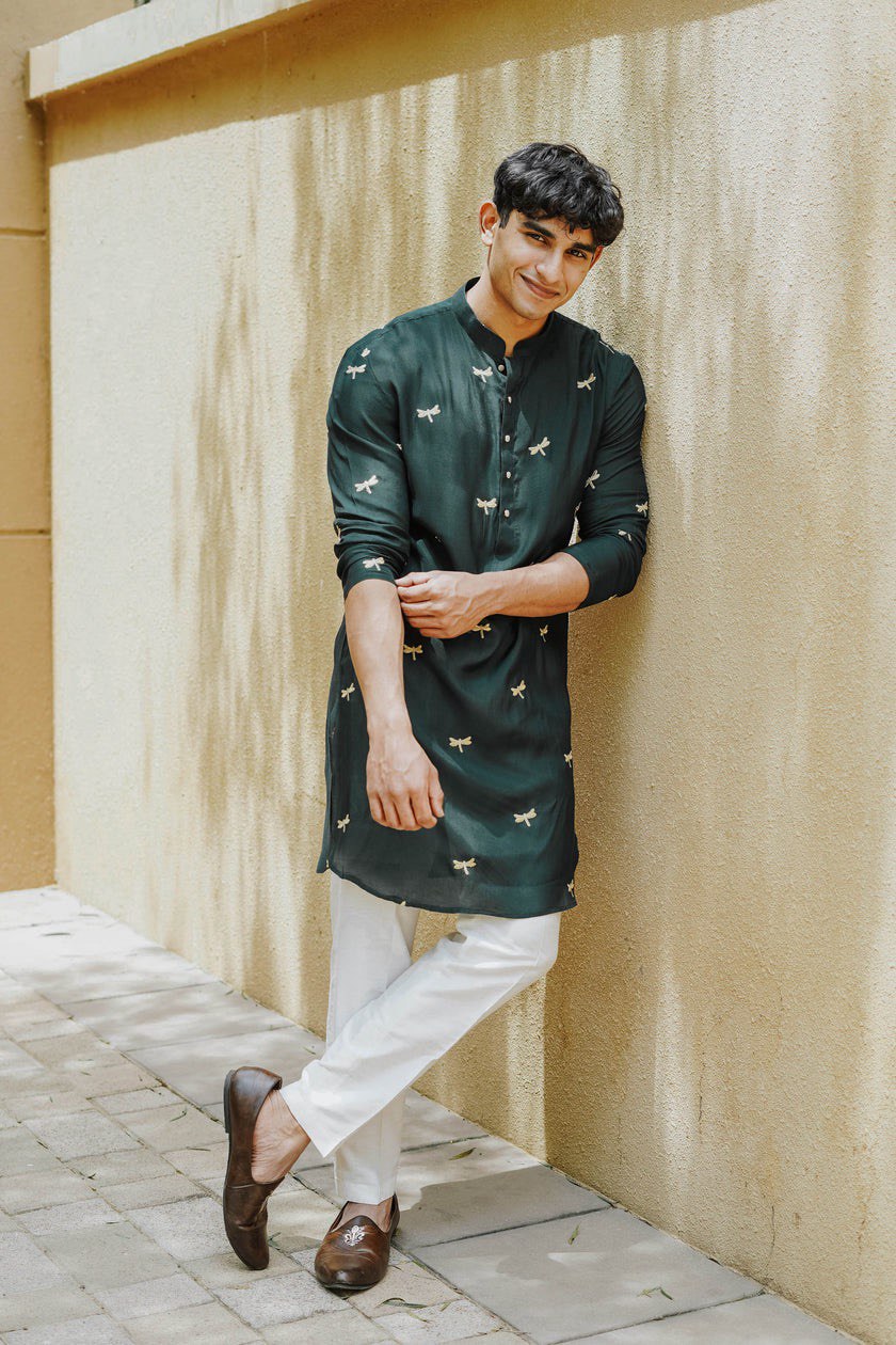 Green Dragon Fly Embroidered Work Men's Kurta with Pajama