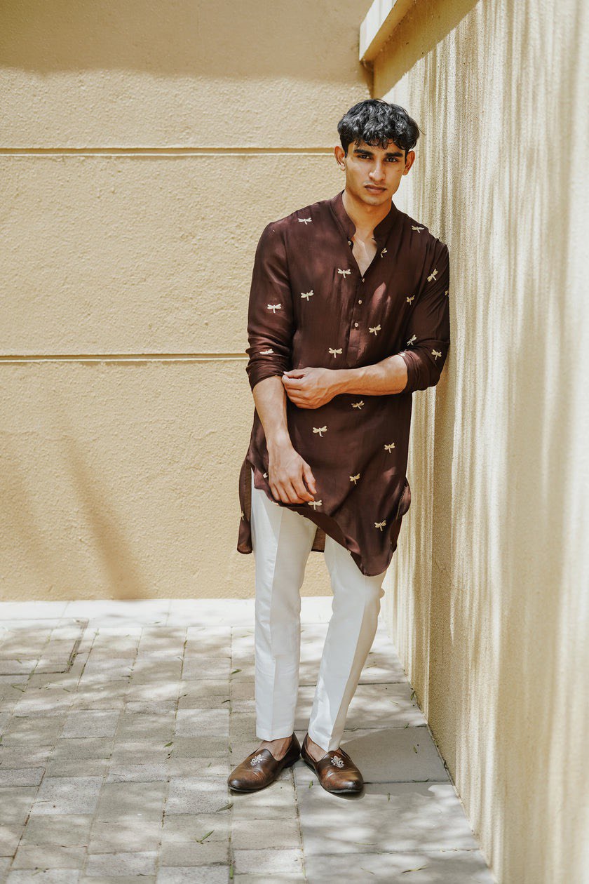 Brown Dragon Fly Embroidered Work Men's Kurta with Pajama