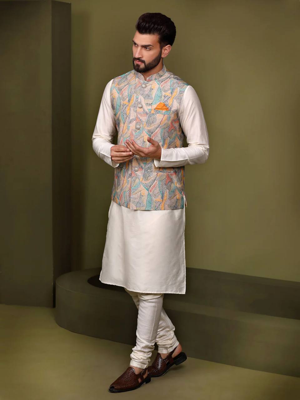 Riwaaz Kurta's Multi Color Printed Jacket And Kurta Set For Men's