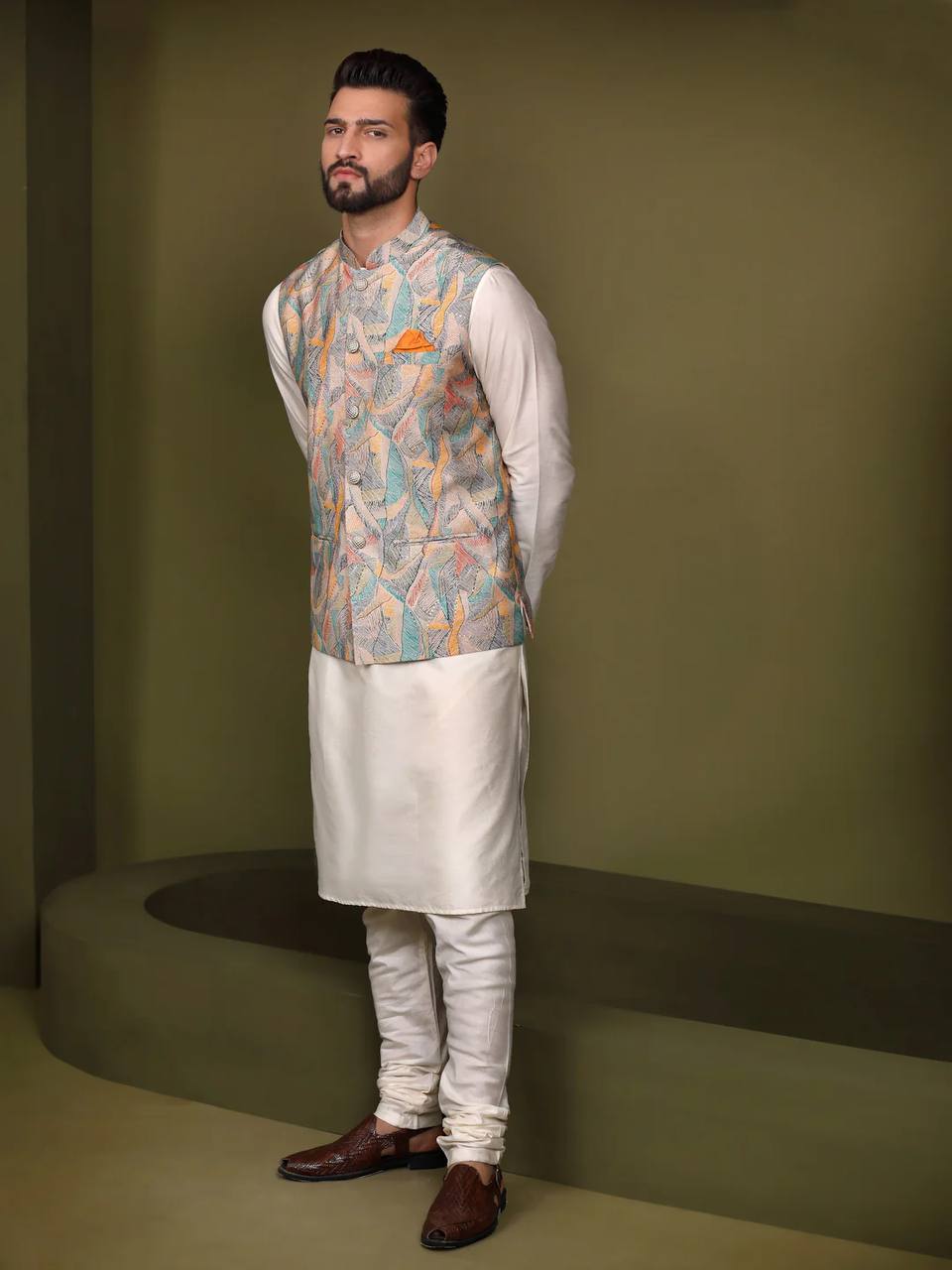 Riwaaz Kurta's Multi Color Printed Jacket And Kurta Set For Men's