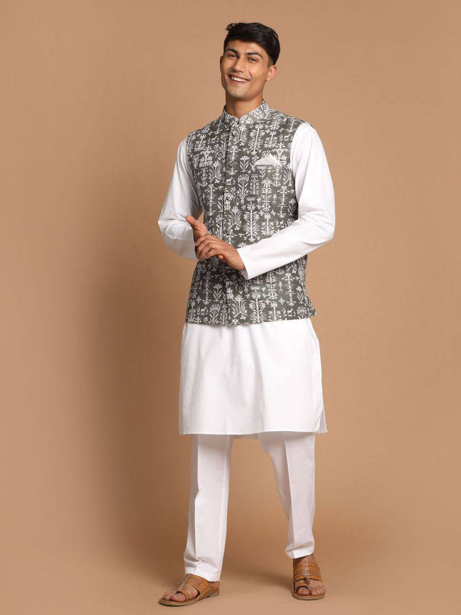 Riwaaz Kurta's Grey & White Printed Jacket And Kurta Set For Men's