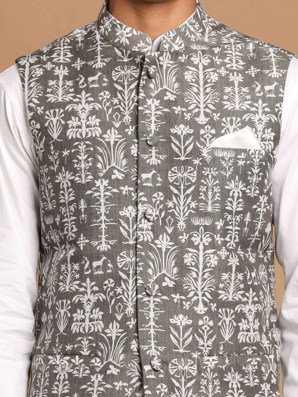 Riwaaz Kurta's Grey & White Printed Jacket And Kurta Set For Men's