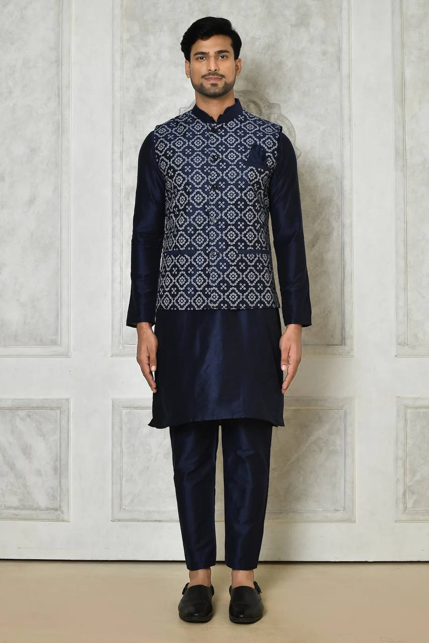 Riwaaz Kurta's Nevy Blue Bandhani Printed Jacket And Kurta Set For Men's