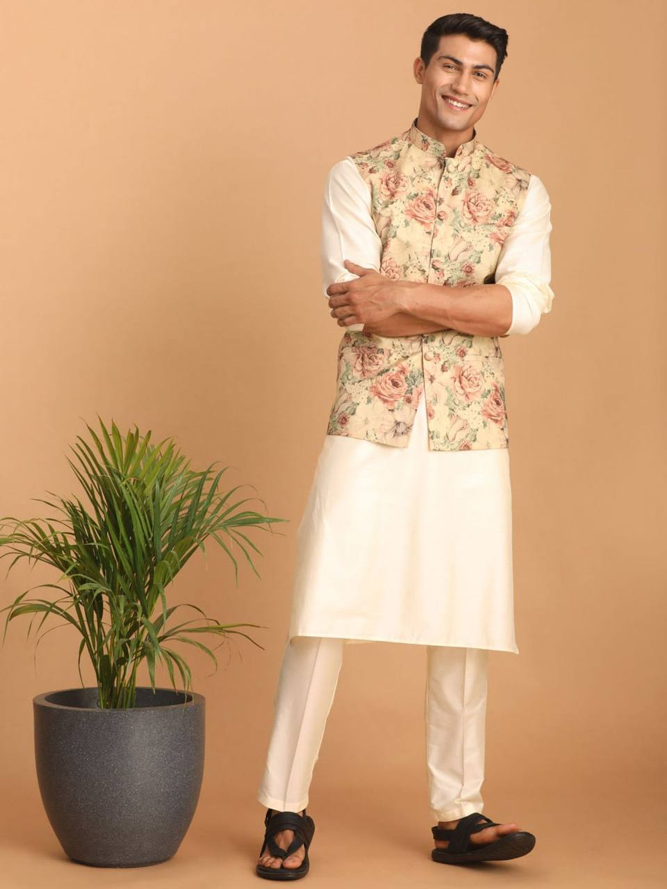 Riwaaz Kurta's Brown White Floral Printed Jacket And Kurta Set For Men's