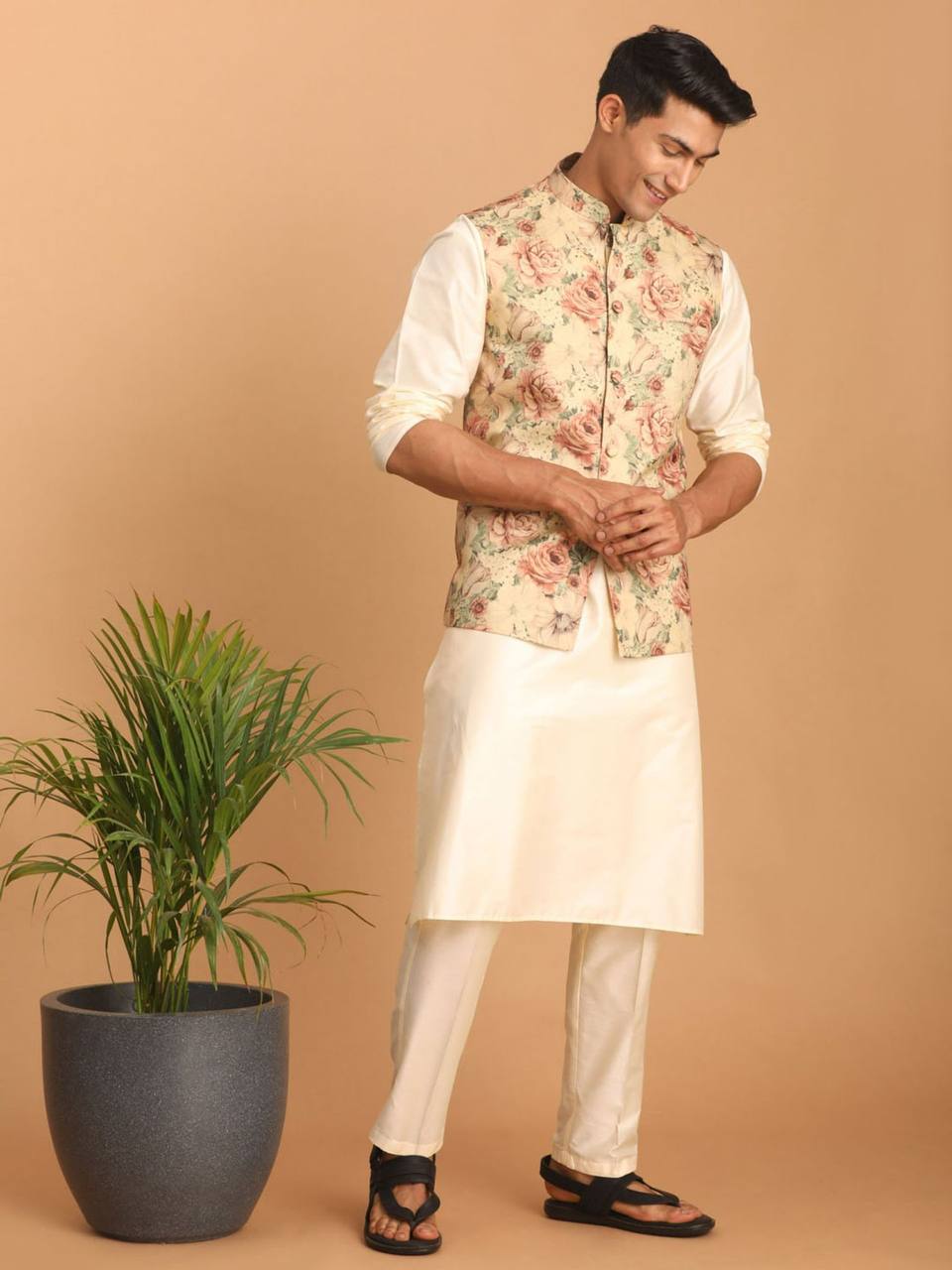 Riwaaz Kurta's Brown White Floral Printed Jacket And Kurta Set For Men's