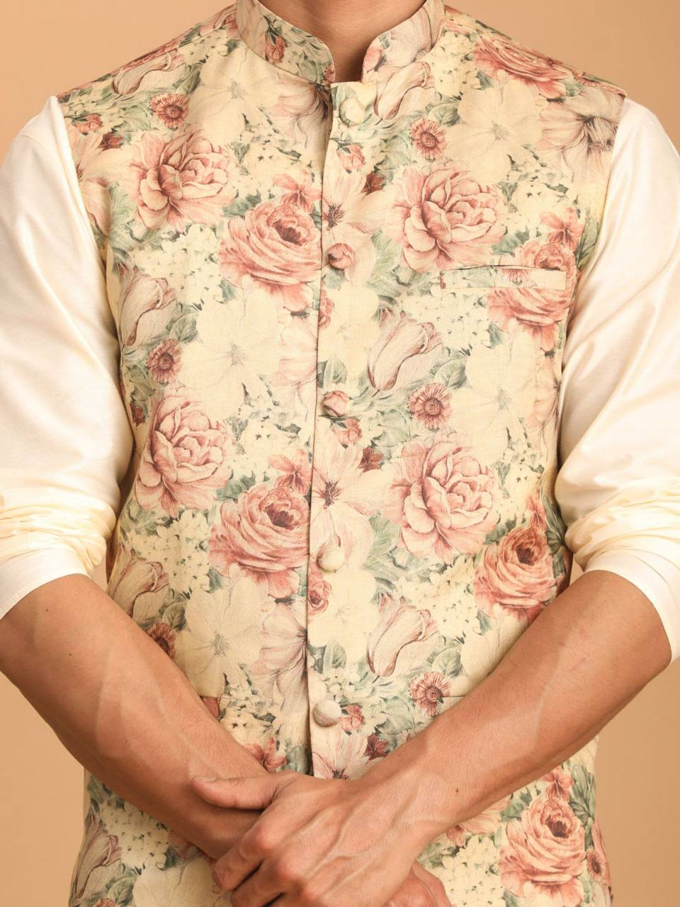 Riwaaz Kurta's Brown White Floral Printed Jacket And Kurta Set For Men's