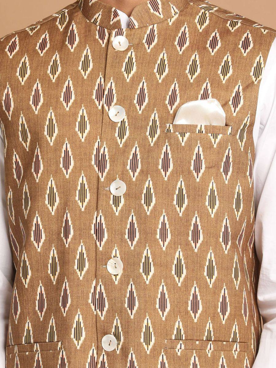 Riwaaz Kurta's Brown White Ikkat Printed Jacket And Kurta Set For Men's