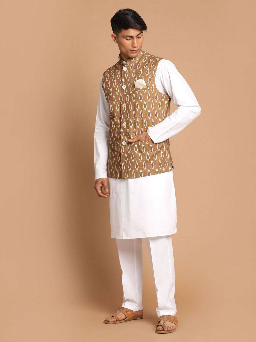 Riwaaz Kurta's Brown White Ikkat Printed Jacket And Kurta Set For Men's