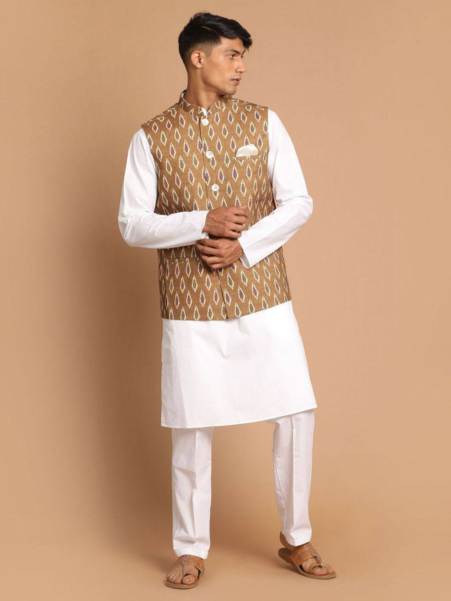 Riwaaz Kurta's Brown White Ikkat Printed Jacket And Kurta Set For Men's