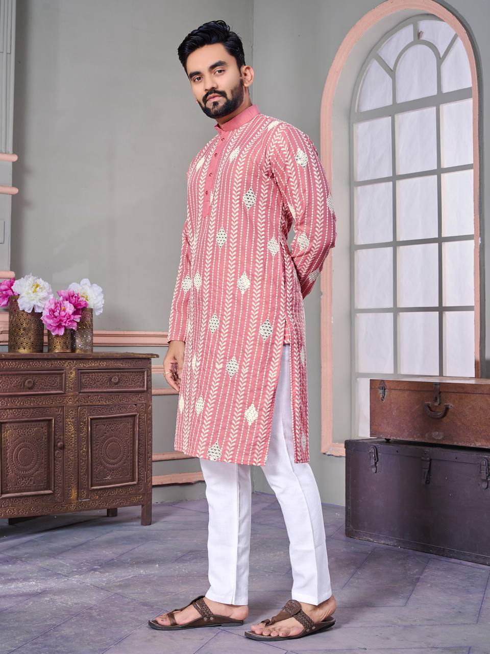 The Classic Pink Sequence Embroidery Kurta with pajama.