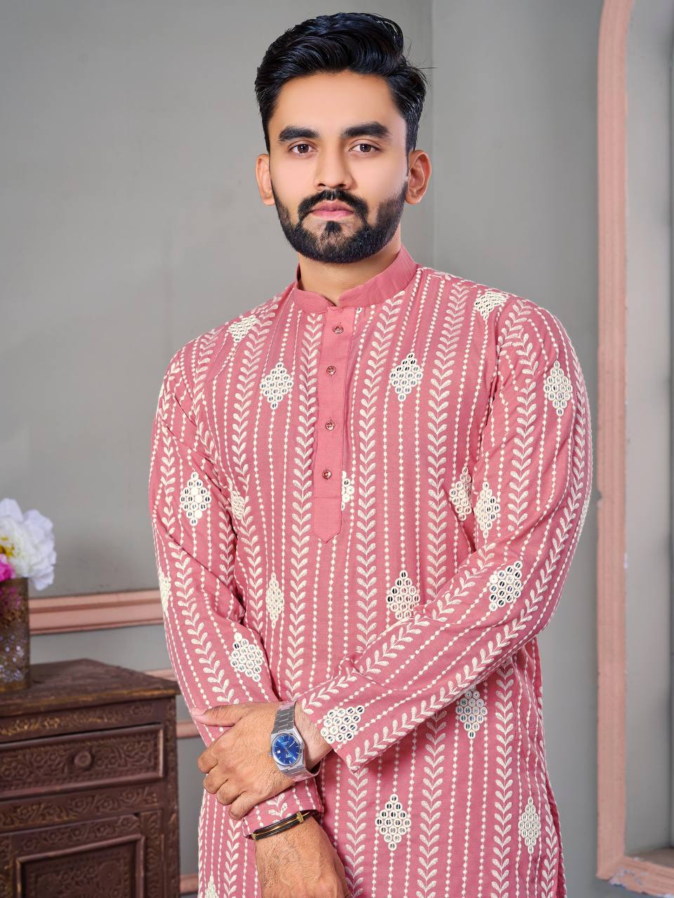 The Classic Pink Sequence Embroidery Kurta with pajama.