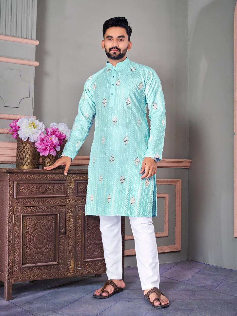 The Classic Light Blue Sequence Embroidered Work Men's Kurta with Pajama