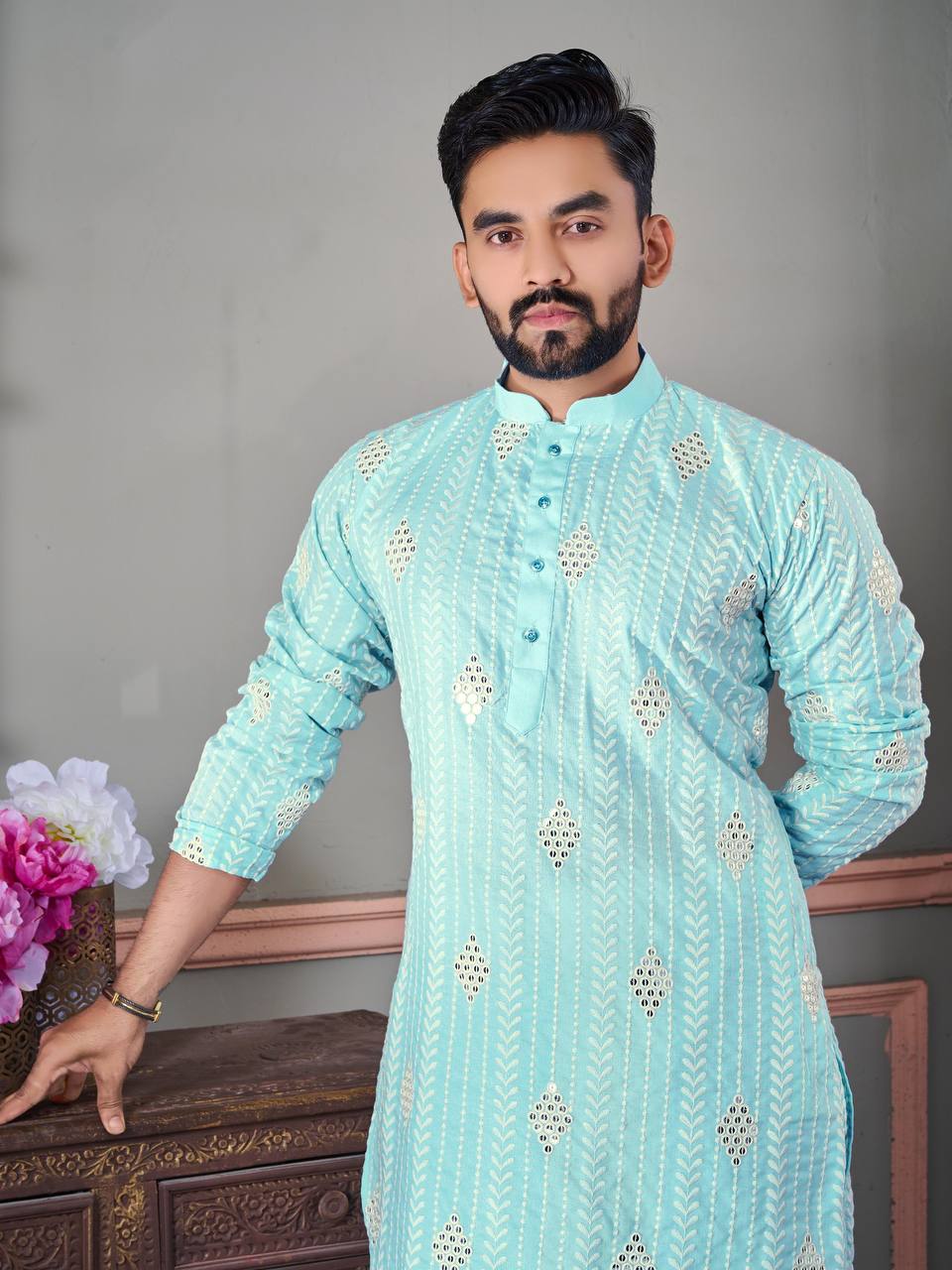 The Classic Light Blue Sequence Embroidered Work Men's Kurta with Pajama