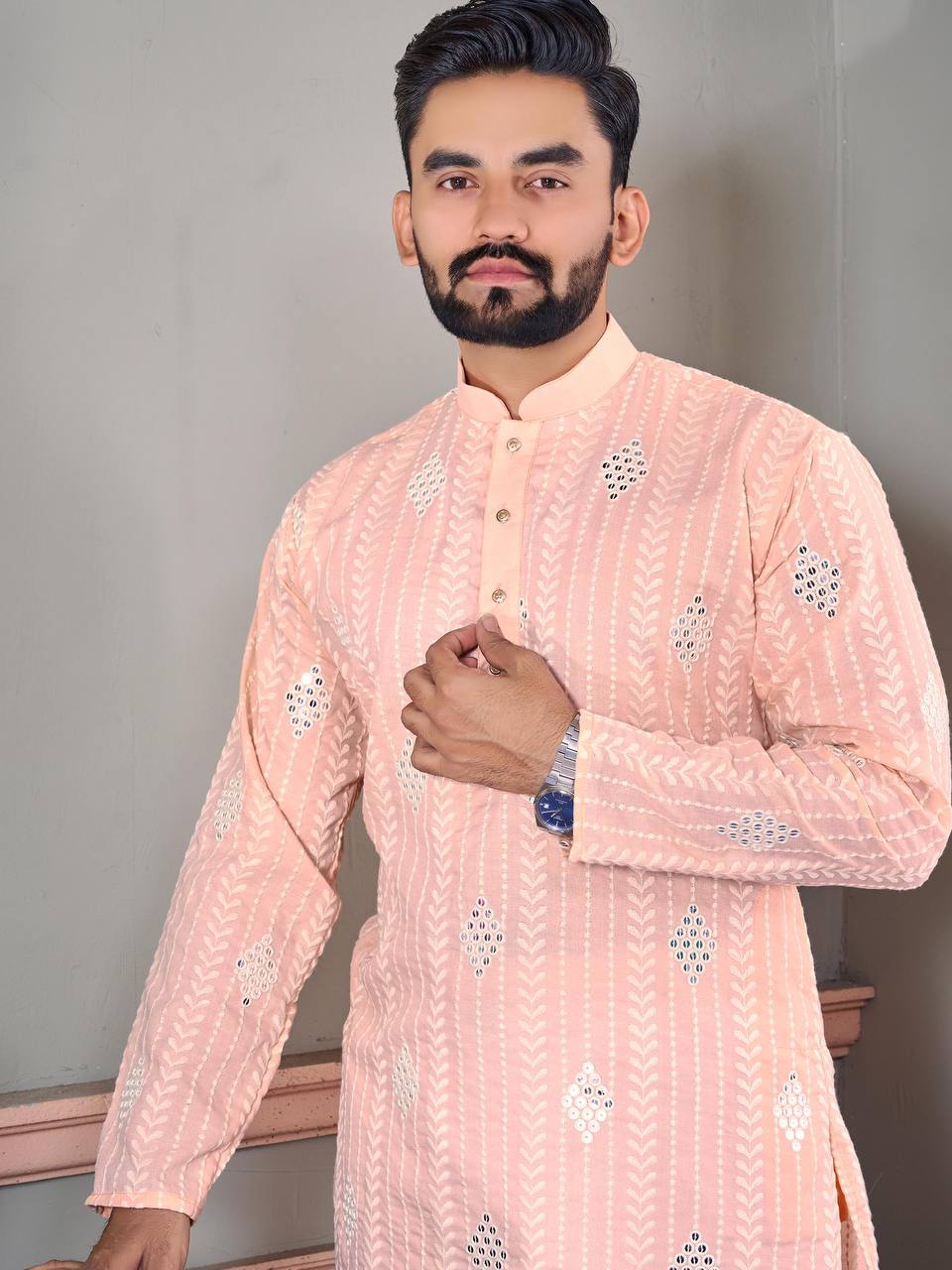 The Classic Peach Sequence Embroidery Kurta with pajama.