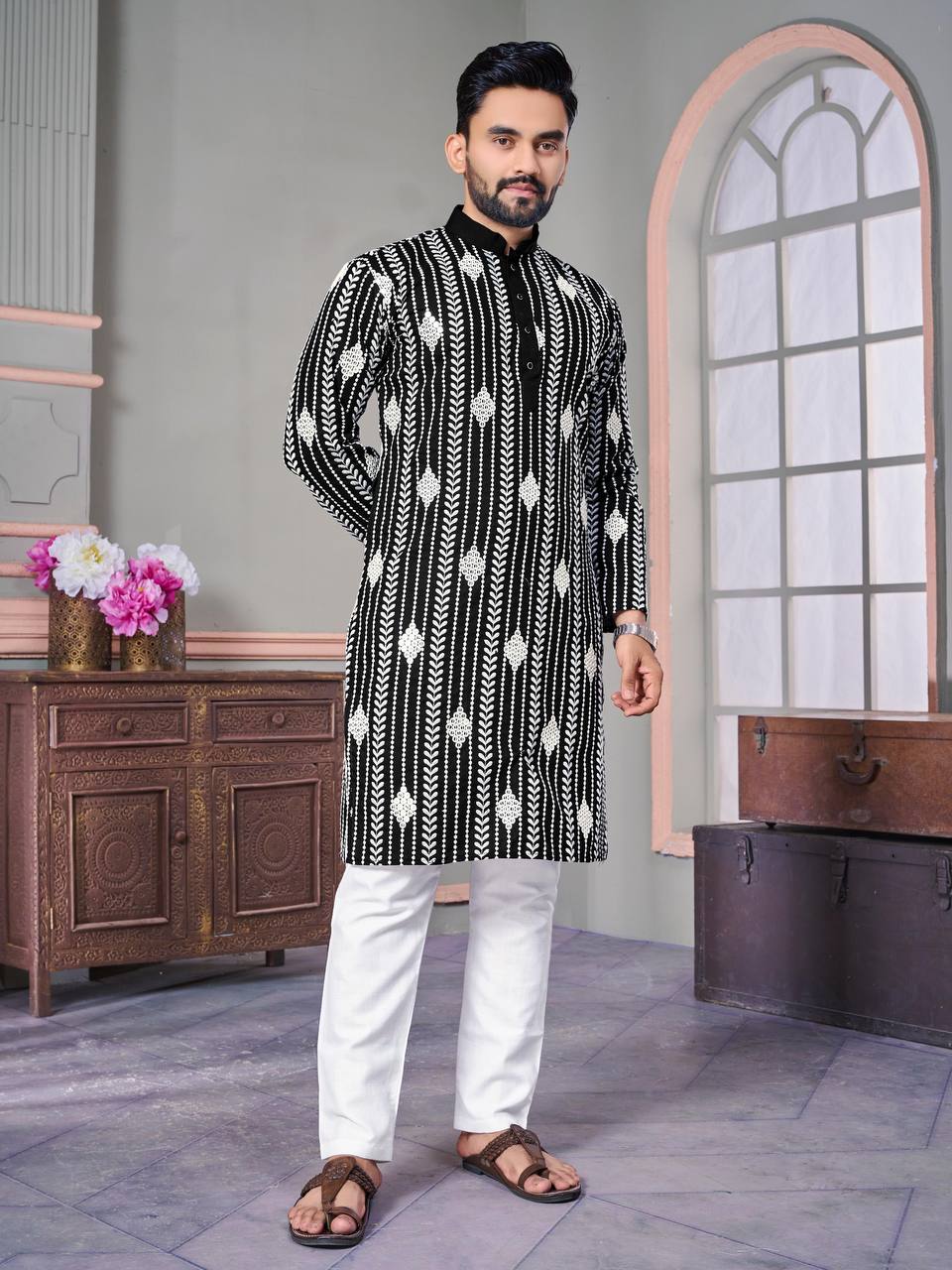 The Classic Black Sequence Embroidered Work Men's Kurta with Pajama