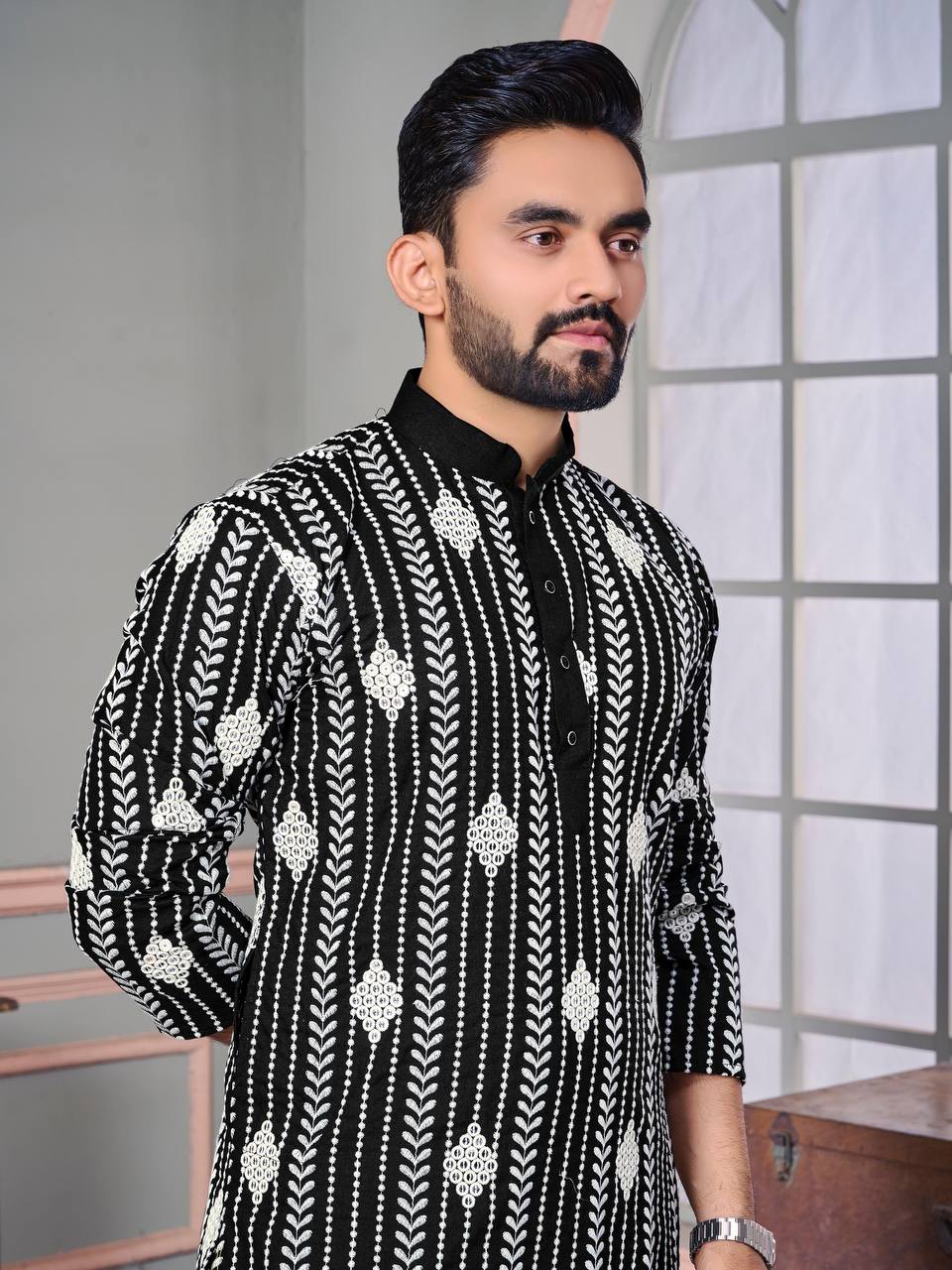 The Classic Black Sequence Embroidered Work Men's Kurta with Pajama