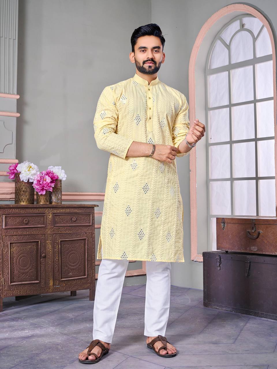 The Classic Light Yellow Sequence Embroidered Work Men's Kurta with Pajama